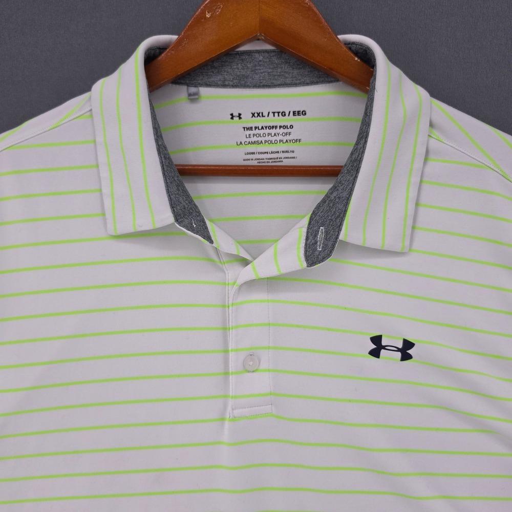 Under Armour Mens Playoff Polo Shirt XXL White Lime Green Striped Golf Top 0092